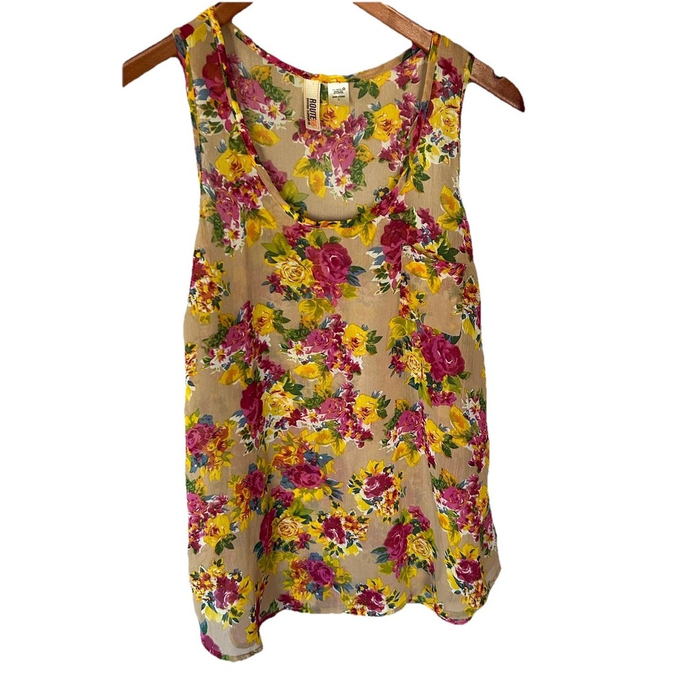 Women's Route 66 Floral Racer back Yellow Magenta Sheer Tank Top L Fairycore